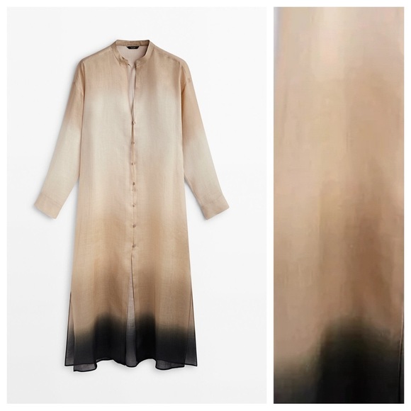 NWT. Massimo Dutti Cream/Brown Ombre Ramie Oversized Tunic Dress. Size L. - Picture 4 of 8